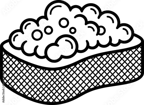 Sponge with foam for cleaning services. Washing dishes and house cleaning concept. Black and white line art vector illustration