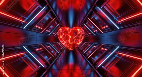 Abstract Neon Heart in a Vibrant Tunnel Design for Romantic Themes and Digital Art Creations