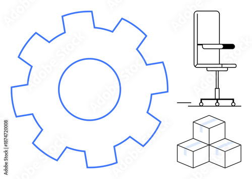 Workflow, efficiency, logistics, workplace organization, business operations, productivity improvement. Gear symbol, office chair and cardboard boxes against a plain background. Workflow