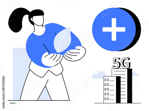 Sustainability concept. Sustainability d by eco-friendly leaf, technological innovation with 5G, and growth ed through positive energy symbol. For eco-tech, urban growth, renewable energy