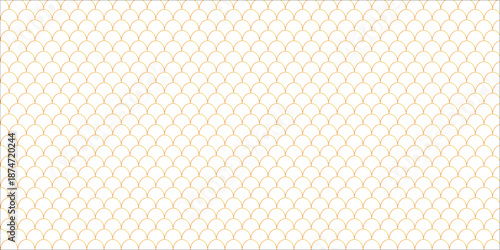 Golden scale seamless pattern. Golden Japanese pattern background with wave scale design. Repeating arcs, curves, semicircles, shells create fish-scale texture. Seamless oriental motif.