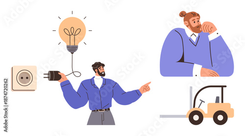 Business solutions, creative thinking, innovation, idea generation, workplace strategy, career choices. A man pointing at a glowing light bulb, another deep in thought forklift . Innovation