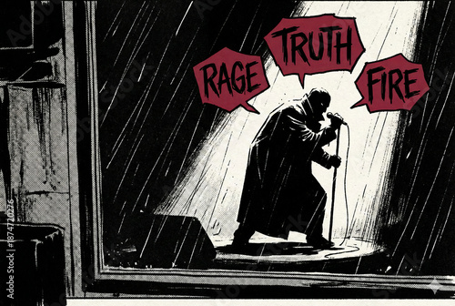 Performer singing under spotlight, expressing rage truth fire concepts