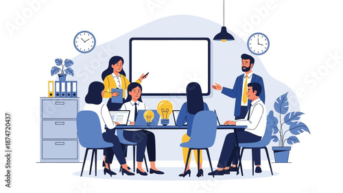 Flat illustration of a diverse business team collaborating around a table in a modern office with a calm and professional mood.