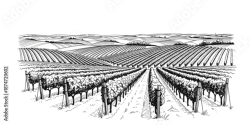 Hand draw vineyard tuscany landscape farm field in monochrome sketch style. Vintage panoramic vector illustration.
