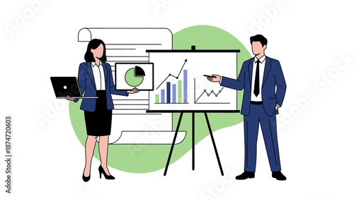 Illustration of a businesswoman and businessman presenting data on a whiteboard and laptop in a professional setting.