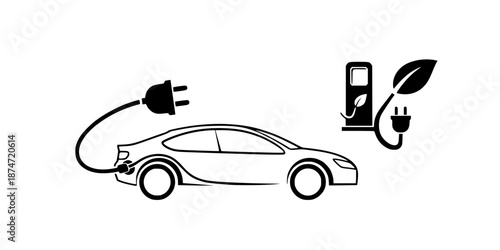 Electric car with plug icon symbol, EV car, Green hybrid vehicles charging point logotype, Eco friendly vehicle concept, Vector illustration
