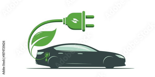 Electric car with plug icon symbol, EV car, Green hybrid vehicles charging point logotype, Eco friendly vehicle concept, Vector illustration
