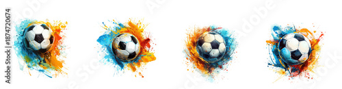 Four vibrant soccer balls exploding with colorful paint splashes and dynamic energy on transparent background