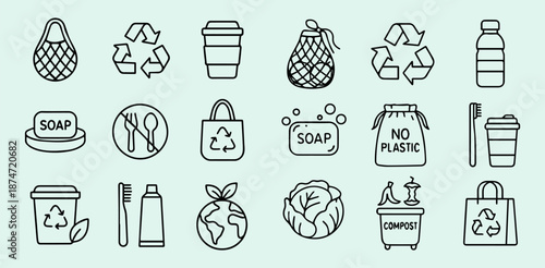 A set of eco-friendly icons including recycling symbols, reusable bags, and plastic-free labels on a light green background with a flat design style, conveying an environmentally conscious