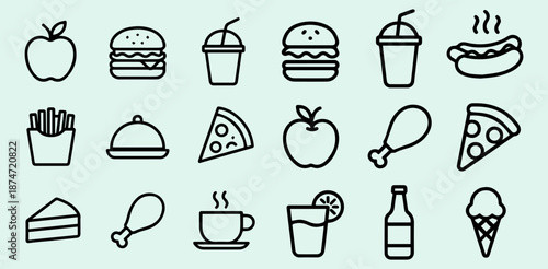 A set of black line icons depicting various food and drink items, including burgers, pizza, and beverages, arranged on a light blue background with a simple and minimalist design style.