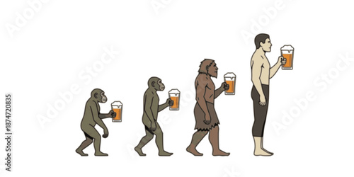 Human evolution theory and beer, from monkey to man, isolated on the white background. Human development. Comic style vector illustration.