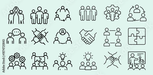 A set of black line icons depicting business and teamwork concepts on a light green background with a shallow depth of field, conveying a professional and collaborative mood.