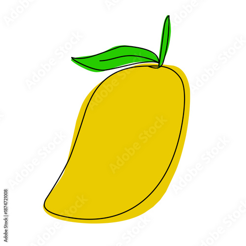 Detailed vector illustration of a ripe yellow mango with green leaf, isolated on white, representing freshness, tropical flavor, and healthy natural fruit.