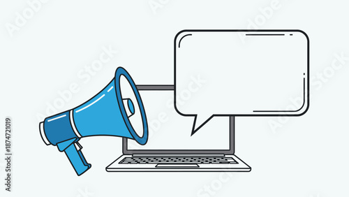 Laptop with Megaphone and Speech Bubble.