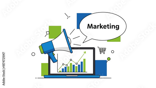 Marketing Megaphone Emerging from Laptop Screen.