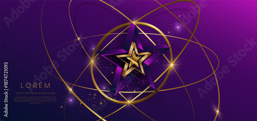 3d golden star with golden on dark blue and purple background with lighting effect and spakle. Template luxury premium award design.