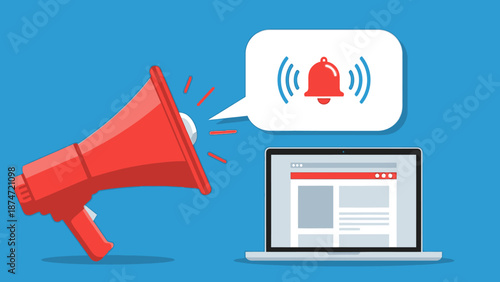Red Megaphone Alert Notification on Laptop.