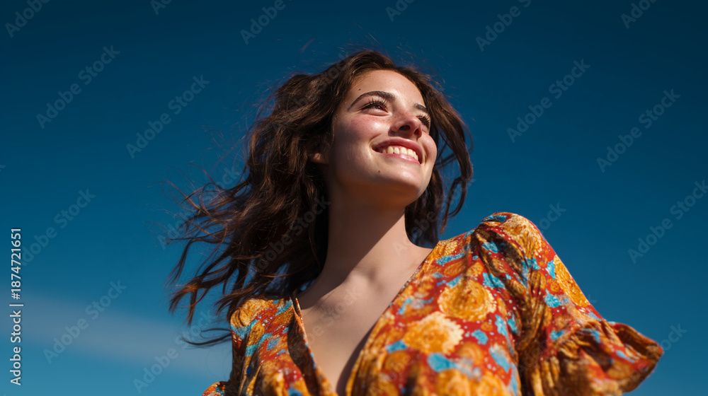 Obraz premium Joyful young woman photographed from a low angle, brown hair moving slightly in the wind, bright blue sky, optimistic lifestyle mood.