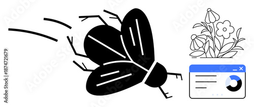 Nature observation, digital analytics, pollination studies, ecology visuals, web interface design, biodiversity awareness. A flying insect, flowers and a data dashboard. Nature observation