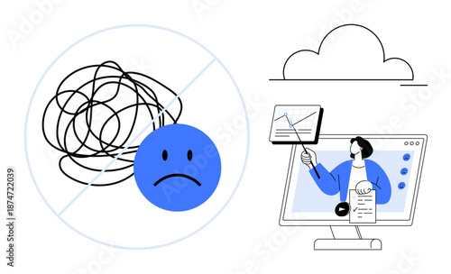 Mental health concept. Mental health support through education and online tools. Mental health awareness for coping and problem-solving through virtual learning platforms. For wellness, therapy