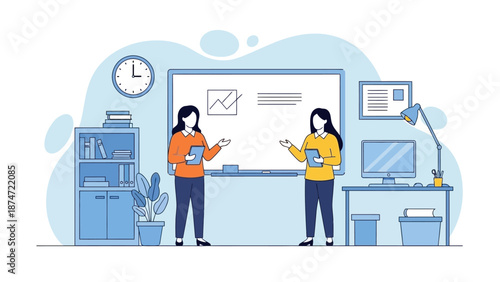 Two businesswomen collaborating in a modern office with a whiteboard and computer equipment.