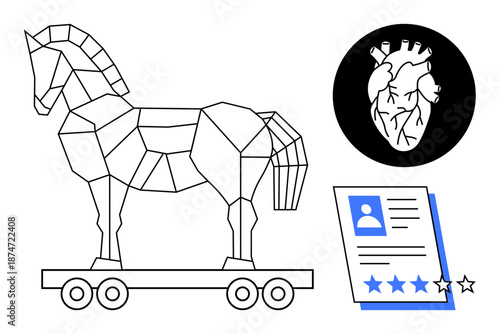 Geometric Trojan horse on wheels, anatomical heart inside a circle, 5-star user profile card. Ideal for cybersecurity, health, deception, evaluation, trust risk and strategy. Bold flat metaphor
