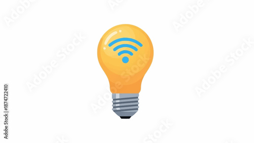 A glowing yellow light bulb prominently featuring a blue Wi-Fi symbol, representing smart home technology and wireless connectivity.