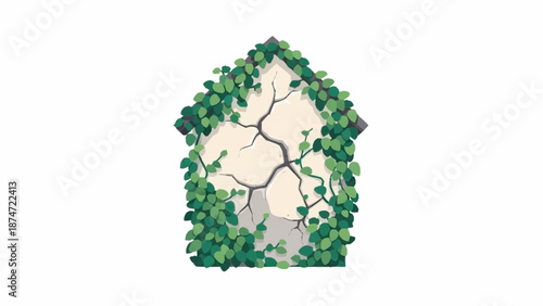 A stylized illustration depicting a house outline with a cracked wall texture, heavily overgrown with vibrant green foliage.