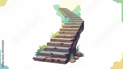 A weathered stone staircase with moss and cracks curves upwards, illustrating a path or journey.