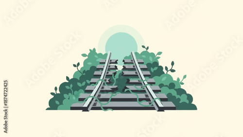 Overgrown railway tracks reclaimed by lush green nature with a soft glowing light.