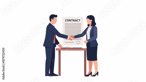 Two business professionals, a man and a woman, shake hands over a signed contract document on a table, symbolizing a successful agreement.