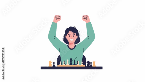 Joyful player triumphantly raises fists after winning a strategic chess match.