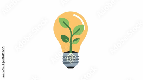 A vibrant green plant with roots growing inside a glowing yellow light bulb, symbolizing eco-friendly ideas and sustainable energy.