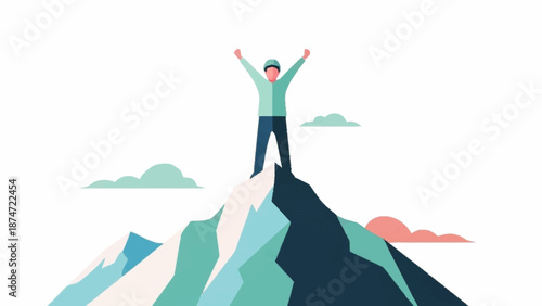 Flat design illustration of a joyful individual reaching the top of a snowy mountain, celebrating achievement.