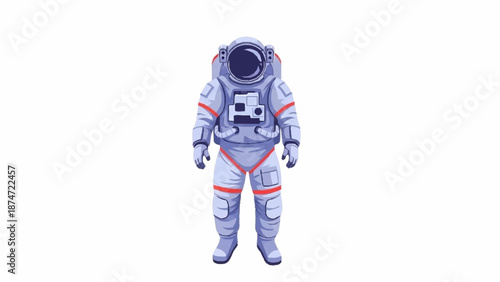 Full-body illustration of a modern astronaut standing in a detailed white and red spacesuit.