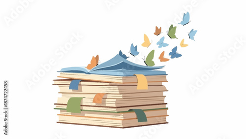 A stack of colorful books with an open volume on top from which numerous vibrant butterflies are flying away.