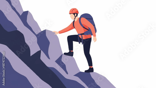 An adventurous person wearing a helmet and backpack is actively climbing a steep, rocky mountain slope, demonstrating determination and outdoor challenge.