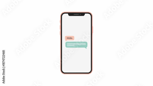 A modern smartphone with a pink frame displaying a messaging app interface showing 'hello' in a chat bubble.