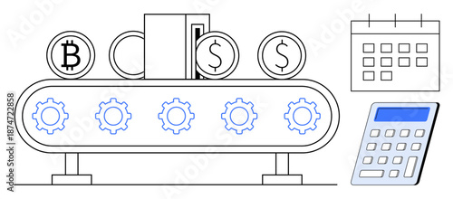 Cryptocurrency, financial planning, digital transactions, currency conversion, fintech, blockchain systems. Conveyor belt with Bitcoin and Dollar coins. Cryptocurrency and financial planning