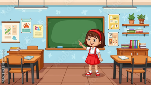 Cartoon girl standing in front of a classroom with desks and a green chalkboard
