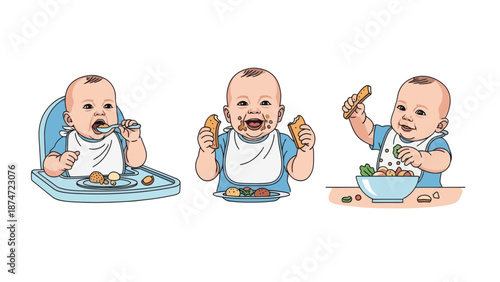 Baby eating solid food, self-feeding concept
