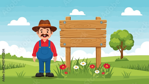 Cartoon farmer standing beside a wooden signboard in a green field with flowers