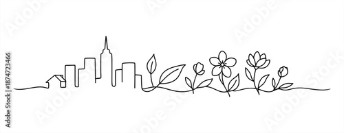 Minimalist urban skyline and floral line art design