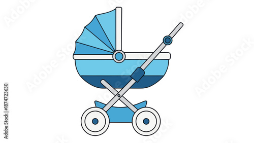 Baby stroller illustration, blue pram icon