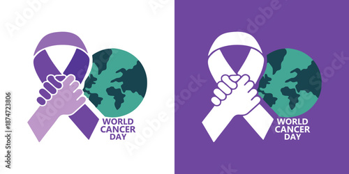 World Cancer Day awareness ribbons and globe icons for health campaigns