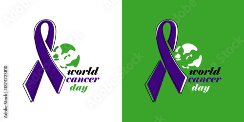 Symbolic World Cancer Day ribbons in purple promoting awareness and support for cancer research and patients