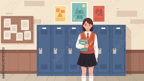 Illustration of a high school girl holding books standing in front of blue lockers in a school hallway with posters on the wall.