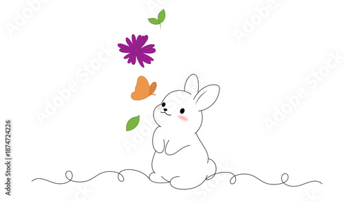 Cute bunny with flower, leaf and butterfly outline. Happy easter vector line art