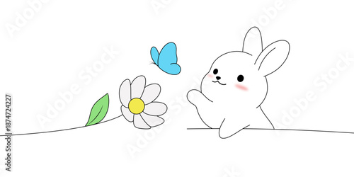 Cute bunny with flower and butterfly outline. Happy easter vector line art. Design for Happy Easter greeting card